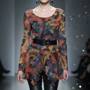 VTG Joseph Ribkoff Sheer Mesh Tunic Top Art to Wear Ruffle Grunge Sz 12